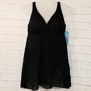 Swim Solutions Fly Away Black Slimming Crochet One Piece Swimsuit Size 12 NWT